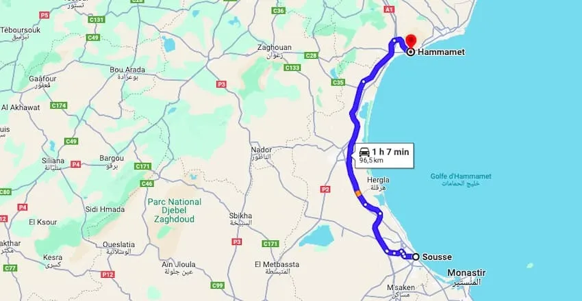 De Sousse à Hammamet en voiture